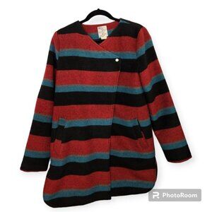 Tulle Multicolor Striped Two Button Snap Closure Car Coat With Pockets Size L
